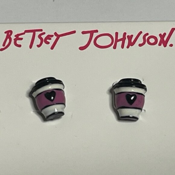 NEW Betsey Johnson Betsey Coffee Cup Stud Earrings Heart Black White Pink - Picture 4 of 7